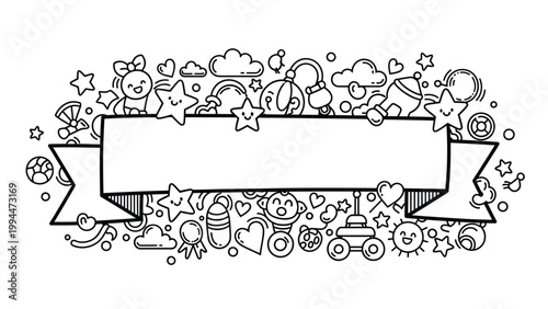 A whimsical black and white doodle banner filled with cute baby toys, stars, clouds, and other playful elements, perfect for invitations or decorations.