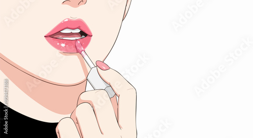 Anime style illustration of woman applying pink lip gloss, close up of female lips with makeup applicator, beauty and cosmetics vector art