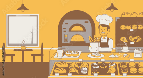 Bakery scene illustration chef with freshly baked bread warm colors