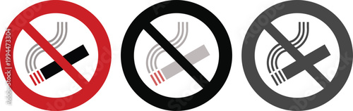 No smoking signs icon set and symbols including cigarettes, vape and prohibition icons in red , yellow and gray colors. Ideal for public safety, health awareness and warning signage design.