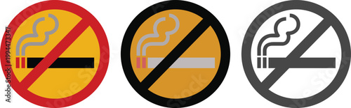 No smoking signs icon set and symbols including cigarettes, vape and prohibition icons in red , yellow and gray colors. Ideal for public safety, health awareness and warning signage design.
