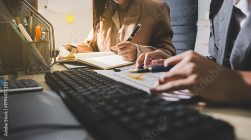 Accounting company provide finance and taxation planning for profitable cash flow, Auditor accountant working in office, analyze financial data and accounting record with calculator