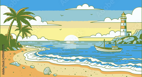 Coastal scene with lighthouse boat waves and tropical palm trees vector illustration