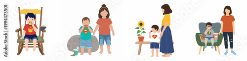 Set of flat vector illustrations depicting children and families in various daily life scenes, eating snacks and relaxing at home.