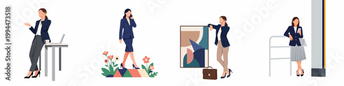 Set of illustrations depicting professional businesswomen in various office and outdoor scenarios, communicating on mobile phones and managing business tasks.