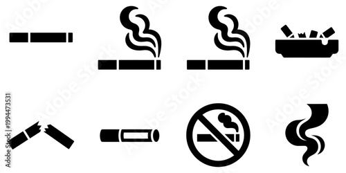 Smoking-related icon pack featuring cigarettes, smoke effects, and no smoking signs. Clean silhouette style for health, safety, and anti-smoking design.