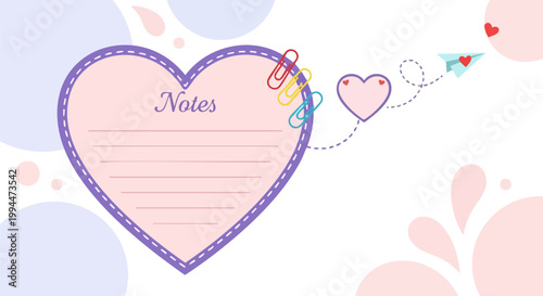 Romantic heart shaped notes template, pastel pink stationery vector with paper clips, cute love letter background for valentines day and journaling