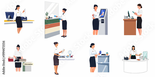 Flat Illustration Set of Professional Female Staff in Various Service Scenarios Including Airport Check-in, Information Desk, and Payment Counter.