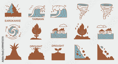 Illustrated icons depicting natural disasters and environmental concerns