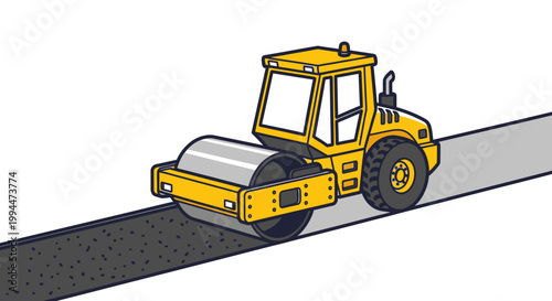 Road roller compacting fresh asphalt on a new road construction