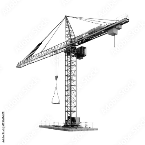 Cuadro en lienzo Black and white halftone illustration of tower crane, construction lifting equipment with hook and jib isolated on white background