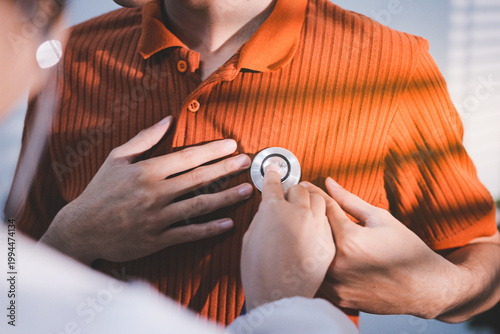 Doctor using a stethoscope checking patient with examining, presenting results symptom and recommend treatment method, Healthcare and medical concept