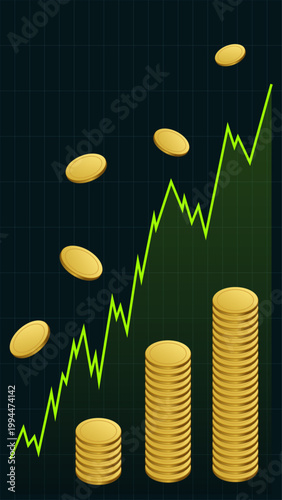 Vertical 3D financial background. Inflation golden coins rain. Rising stock market chart. Vector mobile banking app, crypto trading, investment growth, business data visualization, neon dashboard