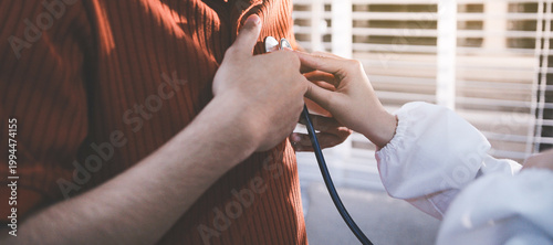 Doctor using a stethoscope checking patient with examining, presenting results symptom and recommend treatment method, Healthcare and medical concept