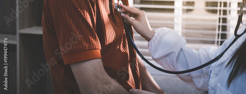 Doctor using a stethoscope checking patient with examining, presenting results symptom and recommend treatment method, Healthcare and medical concept