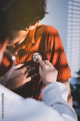 Doctor using a stethoscope checking patient with examining, presenting results symptom and recommend treatment method, Healthcare and medical concept