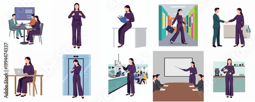 Modern Flat Illustration Business Woman Professional Life Activities and Corporate Office Daily Routine Scene Collection