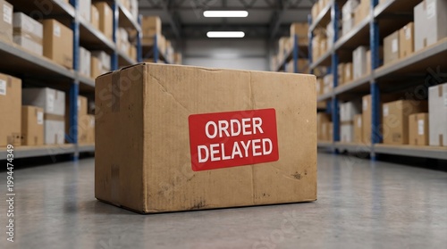 Order Delayed Package in Warehouse – Shipping, Logistics and Supply Chain Disruption Concept