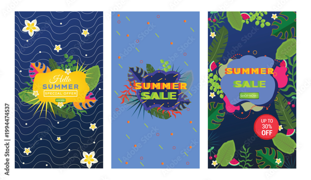 Naklejka premium Print Colorful Summer Sale Banner Set with Tropical Leaves and Floral Elements