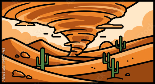 Desert storm illustration orange tornado sweeping across sandy landscape