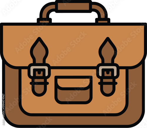 Vintage Brown Leather Satchel Briefcase Illustration, Classic Business Messenger Bag with Buckles and Handle, Minimalist Icon for Education, Travel, and Office Work, Professional Accessory for Documen