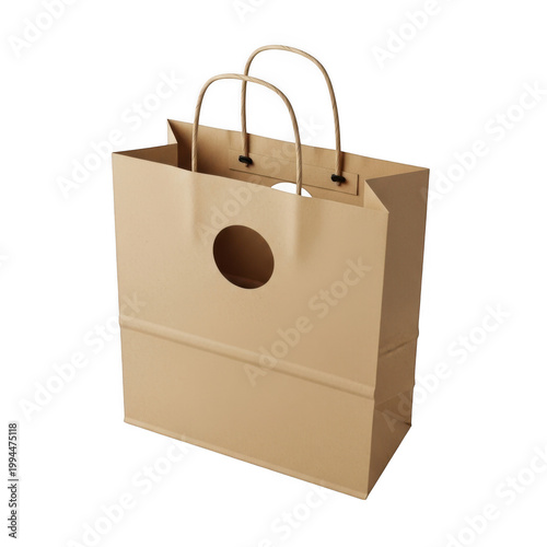 Brown paper shopping bag with handles and a small logo cutout