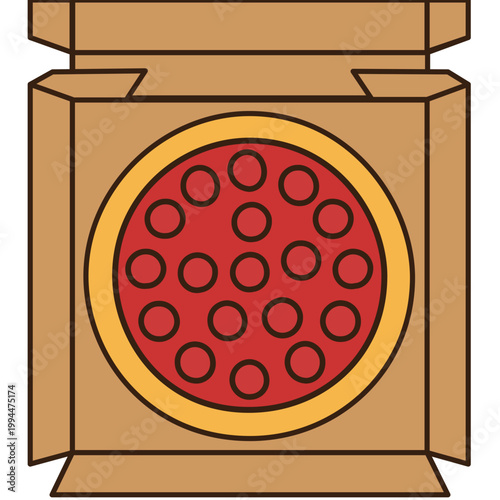 Top View Flat Pizza Logo in Box with Bold Outlines. A bold, graphic top-view vector of a pepperoni pizza in a square box. Strong black outlines and vibrant red and yellow colors. Ideal for logos,
