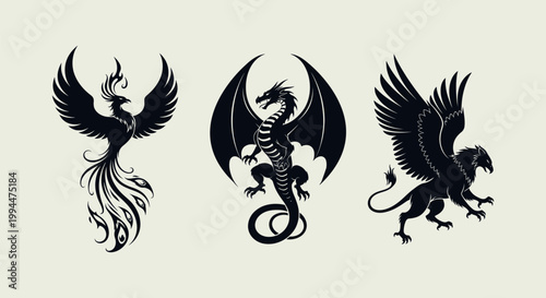 Three mythical winged creatures standing.