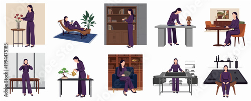 Modern Flat Design Illustration Set Featuring Woman Engaging in Various Daily Home and Work Activities Collection