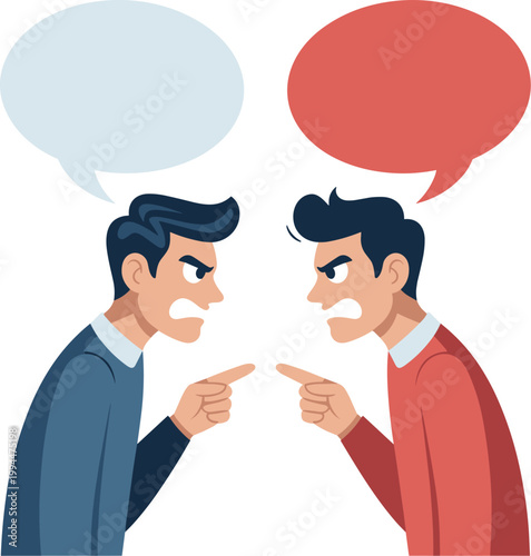 Two angry men arguing intensely, pointing fingers at each other with furious facial expressions, isolated on a white background, representing conflict, disagreement, and disputes in business and perso