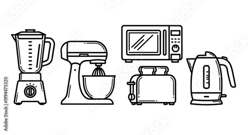 Outlined kitchen appliances set illustration for culinary themes