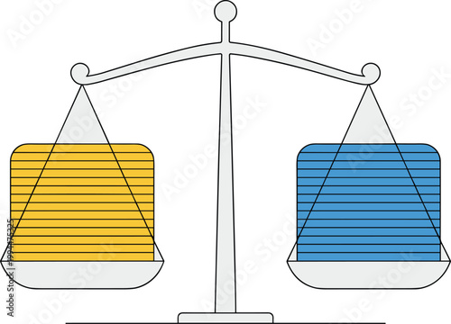 Balanced Scales Representing Equal Weight and Fairness, Weighing Yellow and Blue Rectangular Blocks in a Minimalist Graphic Style, Conceptualizing Business Decisions, Legal Judgements, Partnership, Eq