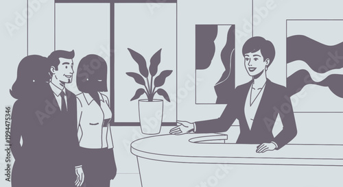 People interacting at reception desk in a business office setting with modern design