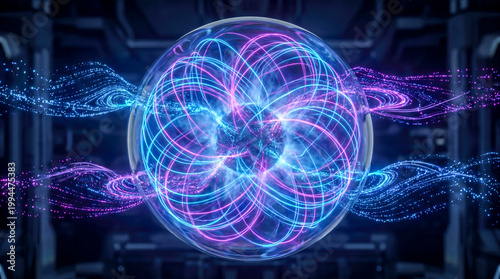 glowing plasma sphere neon light energy waves quantum physics core dark sci fi background futuristic power source magnetic field fusion technology concept