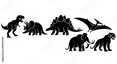 Silhouettes of prehistoric animals isolated on a white background design