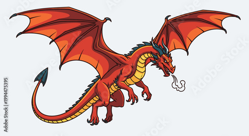Red dragon illustration with wings spread and smoke breath isolated