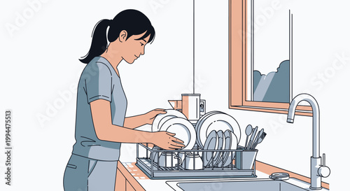 Woman washing dishes in kitchen daily routine and domestic chores concept