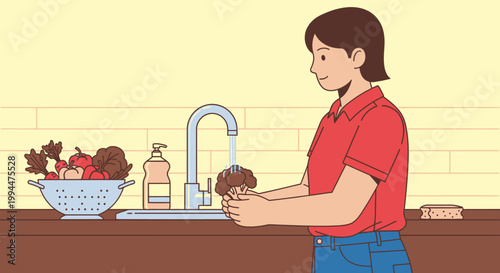 Woman washing vegetables at kitchen sink preparing food for meal