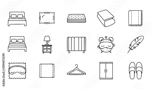 Bedroom bedding line icon set with bed pillow mattress blanket and sleep symbols vector