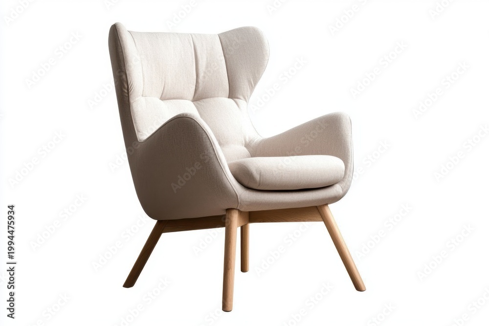 Fototapeta premium Comfortable lounge chair soft upholstery modern armchair cushioned seat wooden leg beige fabric isolated on white interior furniture sitting chair home decor