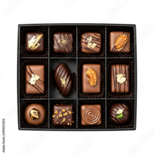 Assorted gourmet chocolates arranged in a decorative gift box with gold accents