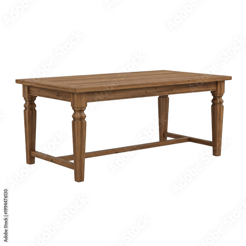 Rustic wooden dining table with simple turned legs and apron front