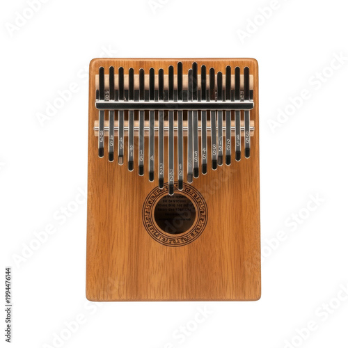 Handcrafted wooden kalimba with metal tines for melodic music creation.