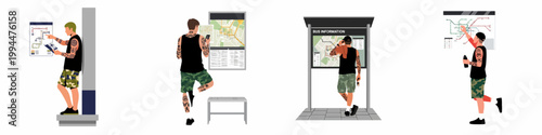 Illustration set of a tattooed young man in casual attire checking public transport maps and bus information at various city stations.