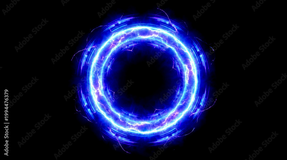 Obraz premium Futuristic circular neon portal glowing blue energy ring electric light effect abstract technology background cyber space digital interface magic power science fiction