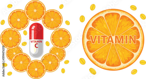 Vitamin C Capsule Surrounded by Fresh Orange Slices for Health Supplement and Nutrition Design