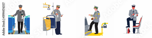 Set of Illustrations Featuring a Transport Conductor in Uniform Performing Various Professional Duties on a Train or Bus.