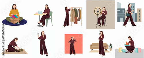 Modern Flat Illustration Style Young Woman Daily Routine and Diverse Lifestyle Activities Character Set Collection