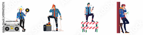 Set of four punk and rock male characters listening to music with various devices like headphones, boomboxes, and smartphones in urban style poses.