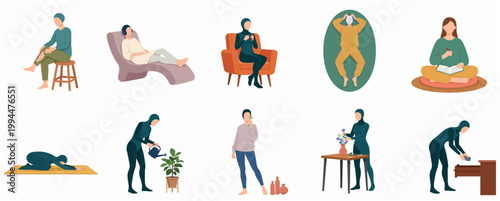 Modern Flat Illustration Collection of People Engaged in Relaxing Daily Life and Self Care Activities